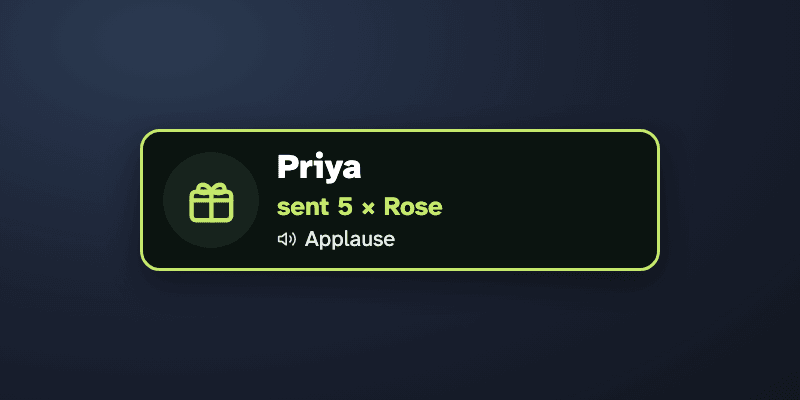 Screenshot of the visual alerts overlay over a dark stream background: a card with a gift icon says Priya, sent 5 × Rose, with a speaker icon and the sound's name, Applause.