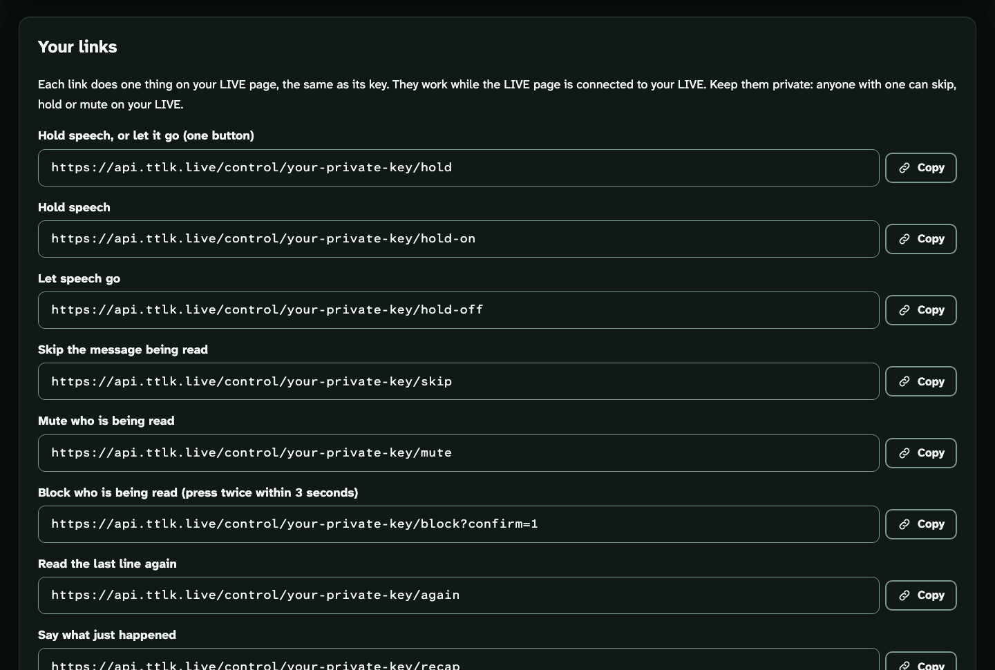 Screenshot of the Your links panel on TikTalk's Stream Deck page. A note says each link does one thing on your LIVE page and should be kept private. Then a list of links, each in its own box with a Copy button: Hold speech, or let it go (one button); Hold speech; Let speech go; Skip the message being read; Mute who is being read; Block who is being read (press twice within 3 seconds); Read the last line again; Say what just happened. Each link is an api.ttlk.live address ending in the action, such as /skip.
